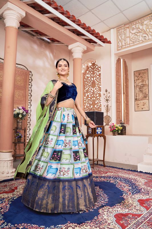 Multi Velvet Printed & Jacquard Work Lehenga