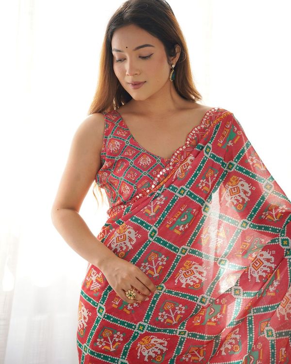 Red Designer Digital Printed & Mirror Cut Work Chinon Saree