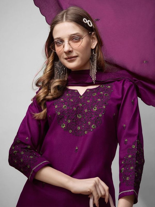 Purple Color Cotton Blend Readymade Dress With Designer Embroidery Work