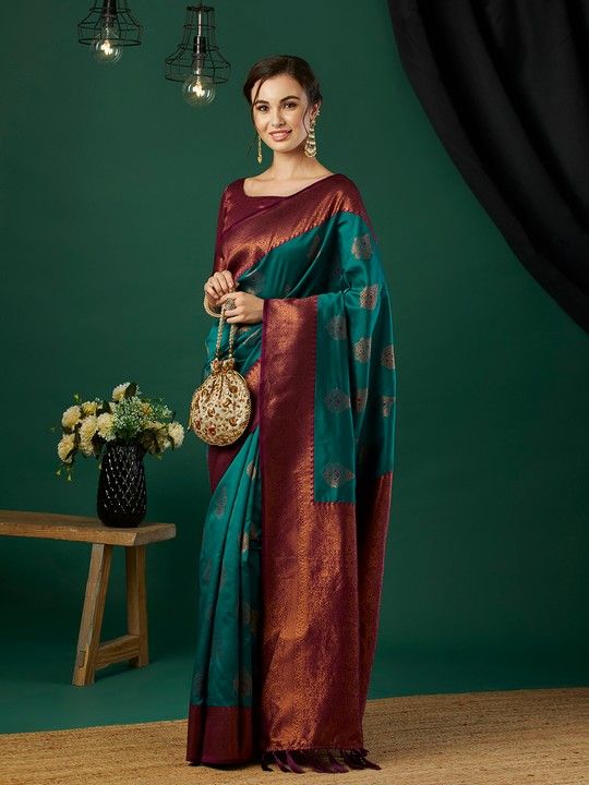 Aqua Banarasi Silk Woven Saree With Tassels on Pallu and Stitched Pink Blouse