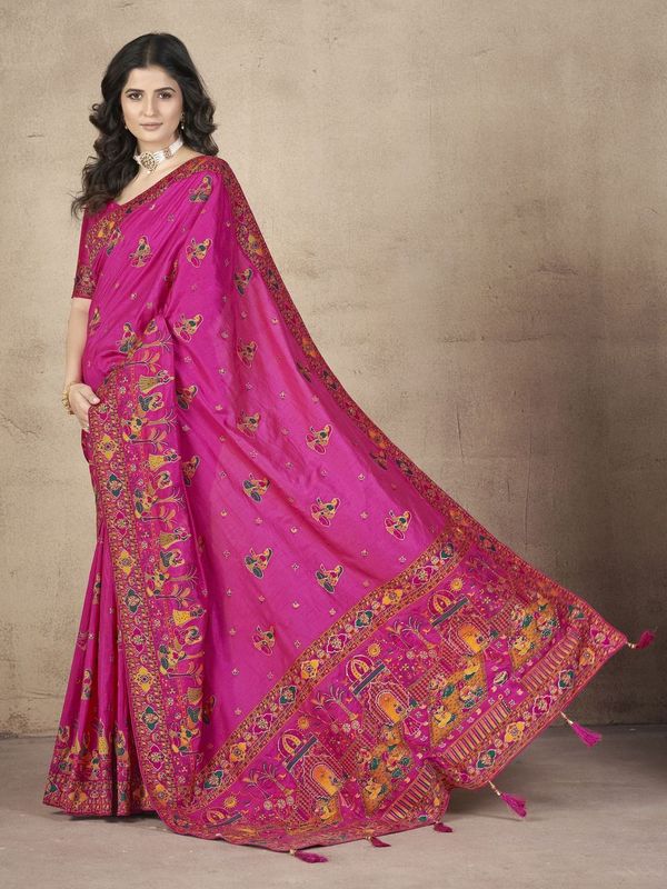 Magenta Wevon Thread & Jari Designer & Hand Work Pashmina Silk Saree