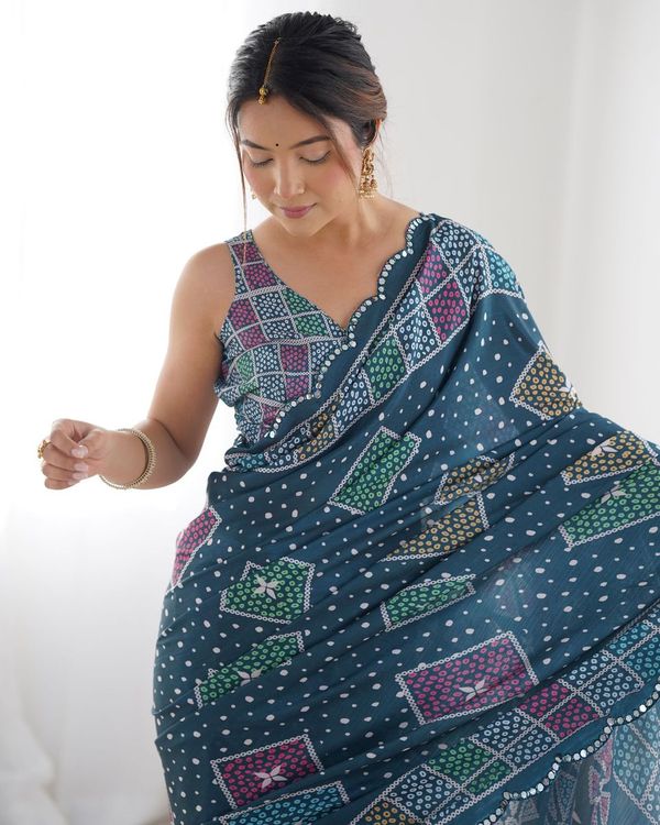 Green Designer Digital Printed & Mirror Cut Work Chinon Saree