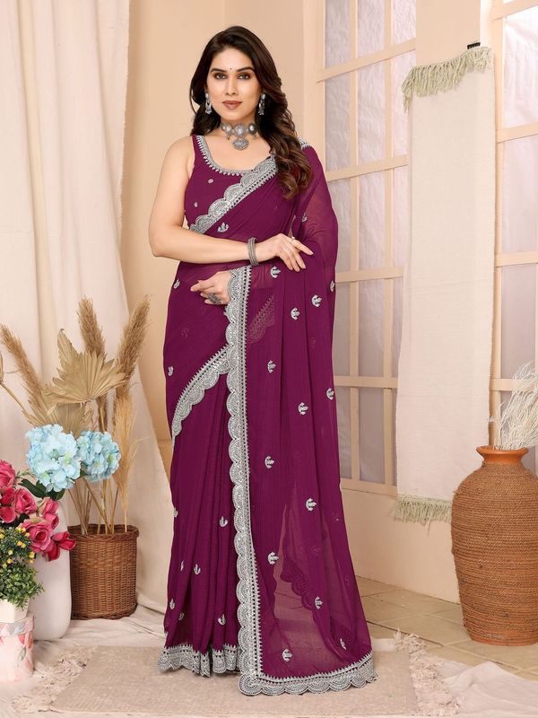 Wine Sequance Embroidery Work Zomato Chiffon Saree