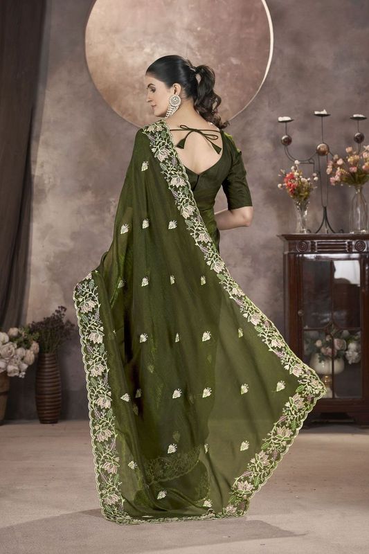 Green Multy Thread & Sequance Embroidery Cut Work Gold Crunchy Saree