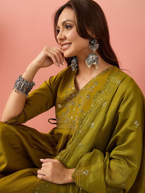 Green Color Beautiful Woven Silk Readymade Suit with Festive Thread Embroidery Work