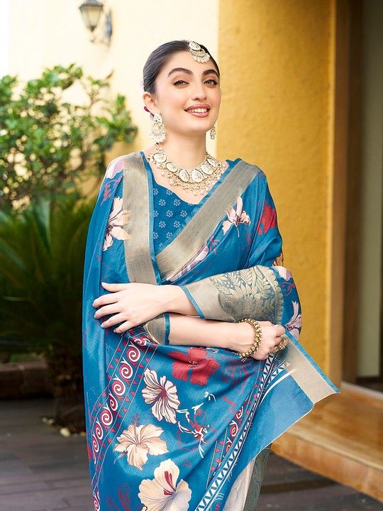 Blue Crepe Printed Saree and Stitched Blue Blouse