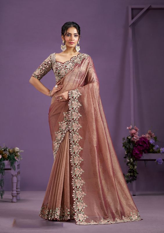 Maroon Heavy Sequence Embroidery & Moti Work Banarasi Crush Saree