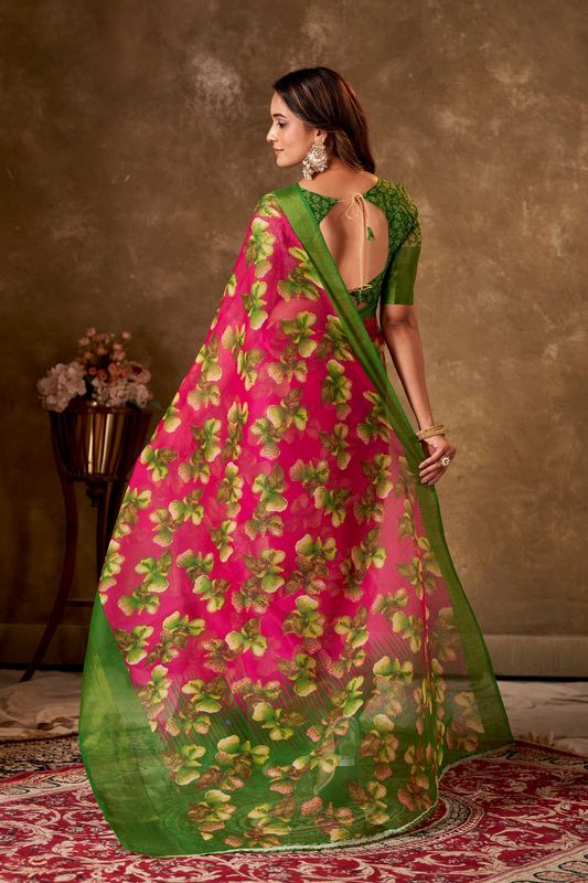 Pink Cotton Printed Saree and Stitched Green Blouse