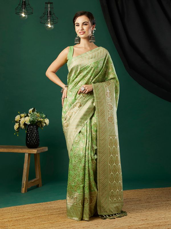 Green Wevon Jacquard Designer Linen Saree