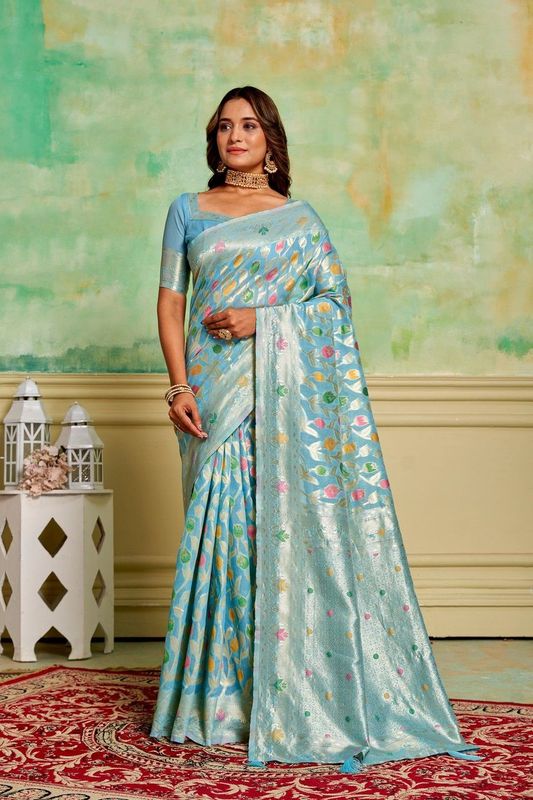 Aqua Cotton Woven Saree With Tassels on Pallu and Stitched Aqua Blouse
