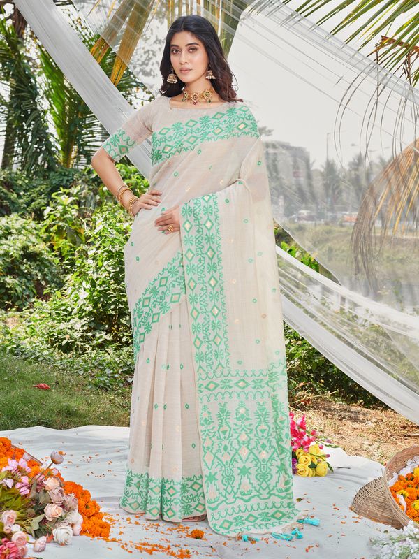 Sea Green Wevon Designer & Printed Cotton Saree