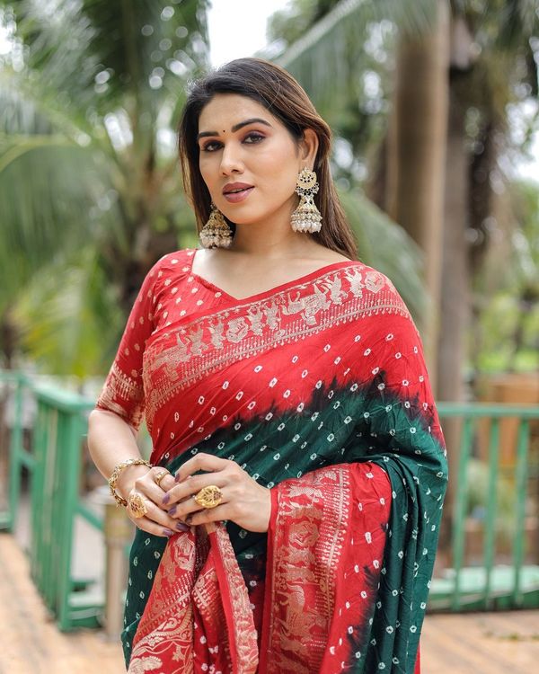 Green Wevon Designer & Bhandej Printed Dola Silk Saree