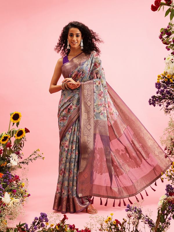 Grey Digital Printed Banarasi Cotton Zari Woven Saree