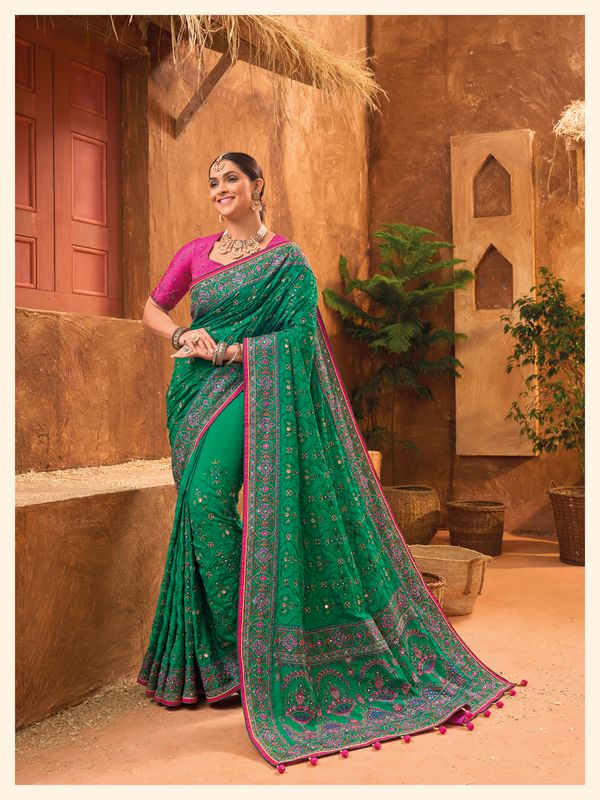 Green Wevon Designer & Real Mirror & Diamond & Kachhi Work Banaras Silk Saree