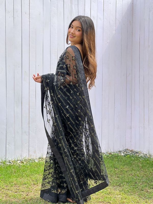 Black Thread & Sequance Embroidery & Diamond Work Butterfly Net Saree
