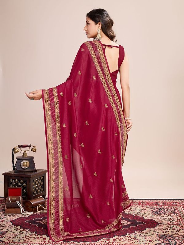 Red Designer Embroidery Work Vichitra Silk Saree