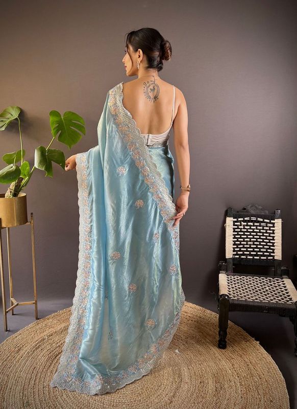 Blue Sequance & Thread Embroidery & Cut Work Gold Crunchy Saree