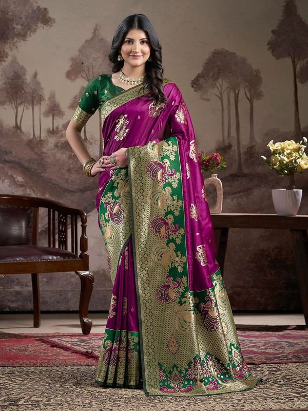 Purple Wevon Rich Pallu Designer Lichi Silk Saree