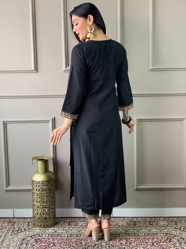 Black Chanderi Silk Straight Kurta