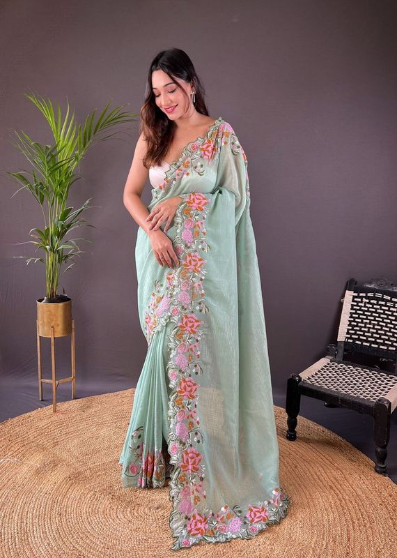 Pista Cross Stich Embroidery Cut Work Glossy Silk Saree