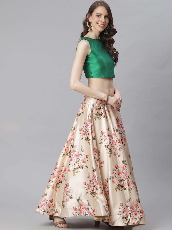 Ethnic Motifs Digital Print Shiney Satin Croptop Lehenga Choli With Blouse For Women and Girls
