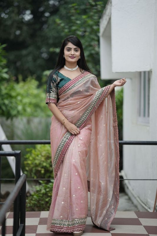 Pink Sequance Embroidery Work Banarasi Crush Saree