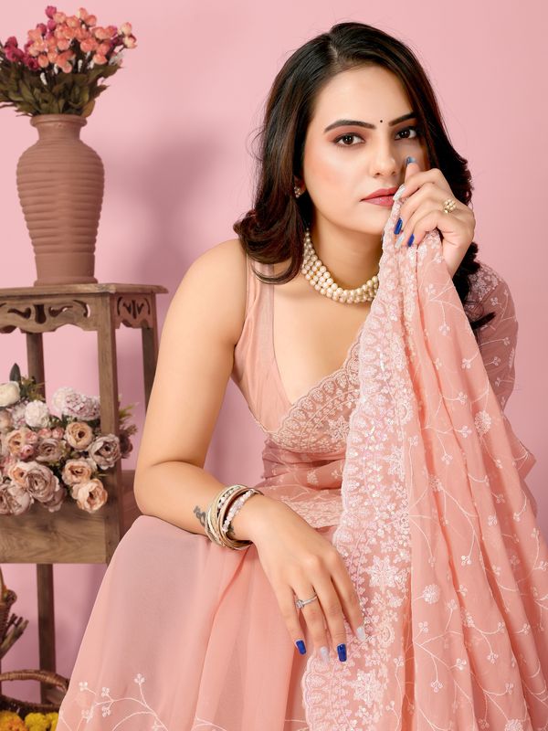 Peach Thread & Sequance Embroidery Work Georgette Saree