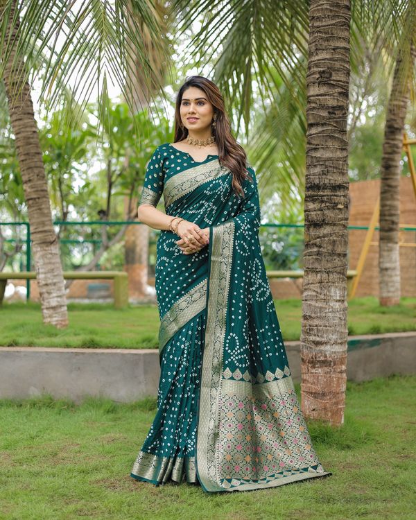 Green Wevon Designer & Hand Bandhej Dola Silk Saree