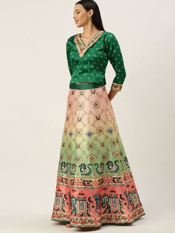 Ethnic Motifs Digital Print Shiney Satin Croptop Lehenga Choli With Blouse For Women and Girls