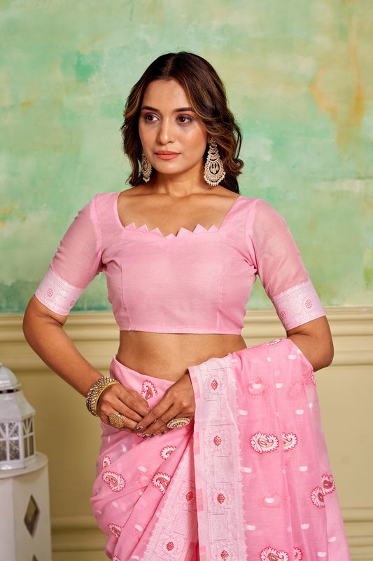 Pink Cotton Woven Saree With Tassels on Pallu and Stitched Pink Blouse