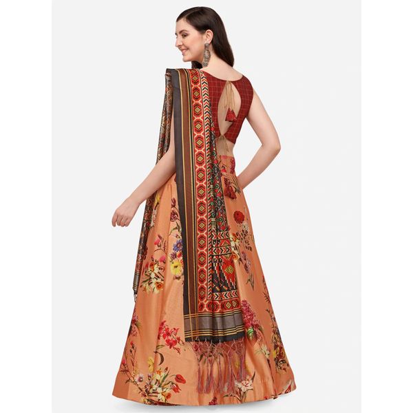 Digital Print Satin Silk Fabric Stitched Lehenga Choli With Jequared Blouse and Assami Silk Thread Work Dupatta For Women and Girls In Festive Party And Traditional Wear