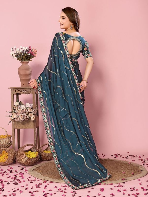 Teal Blue Multy Thread & Sequance Embroidery Work Rangoli Silk Saree