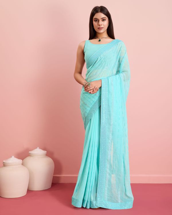 Blue Designer Sequance Embroidery Work Georgette Saree