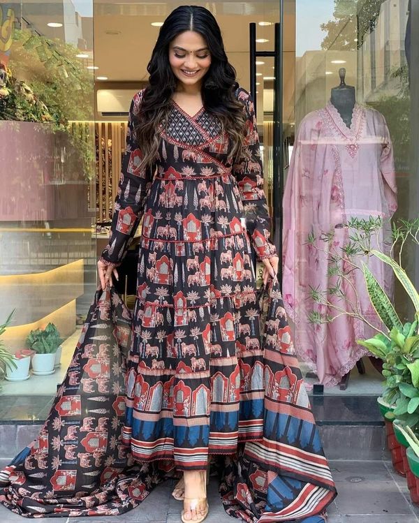 Black Cotton A-Line Kurta, Anarkali Kurta