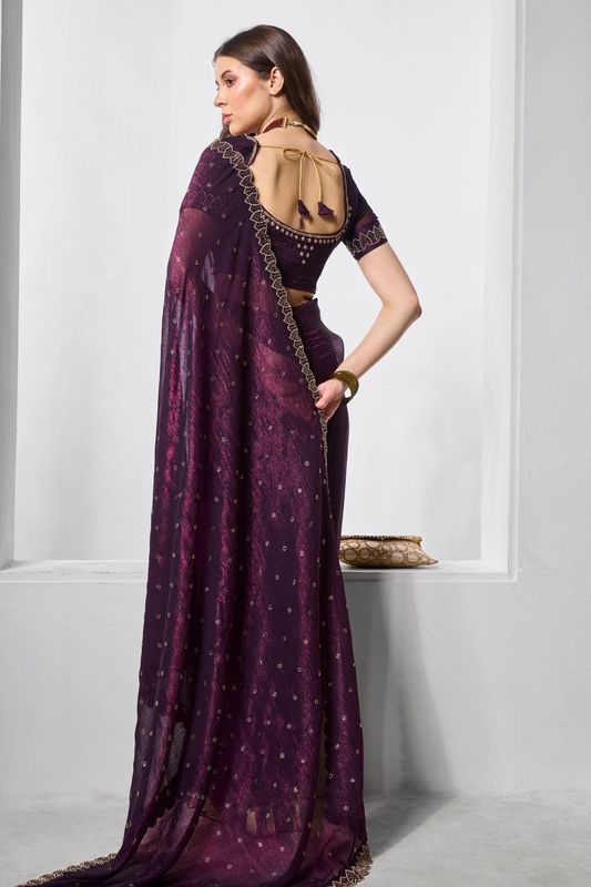 Wine Color Crunchy Chiffon Fabric Designer Embroidery Work Ceremonial Partywear Saree