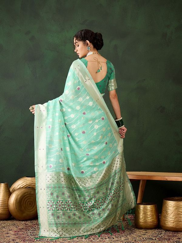 Sea Green Poly Cotton Wevon Designer Graceful Ethnic Partywear Saree