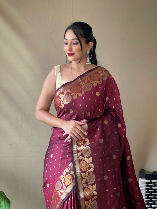Maroon Weaving Jacquard Jari Designer Soft Silk Saree
