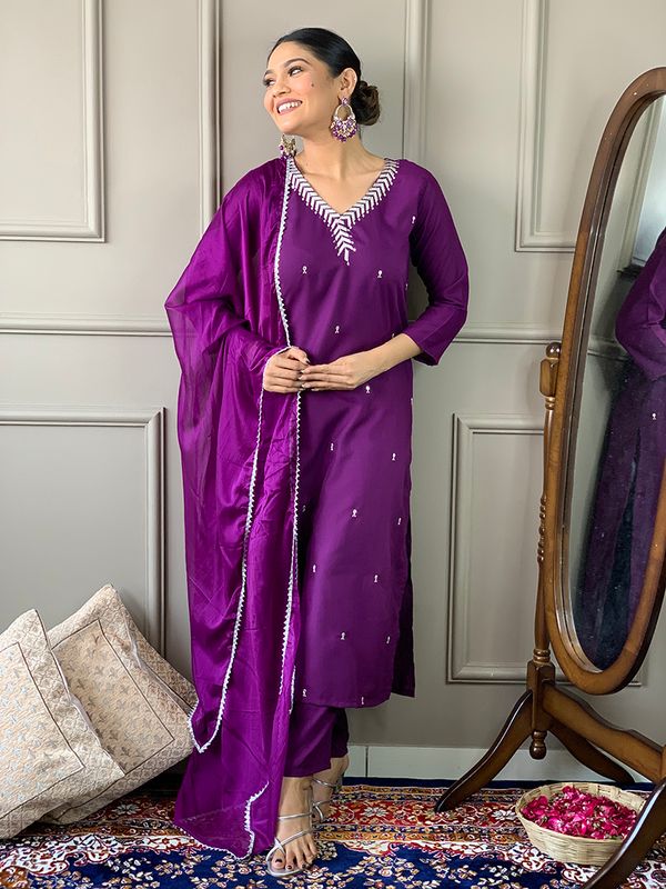 Purple Embroidered Kurta Sets