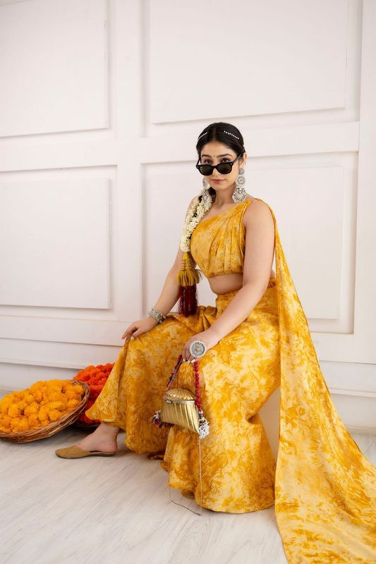 Yellow Printed Drape dupatta Set