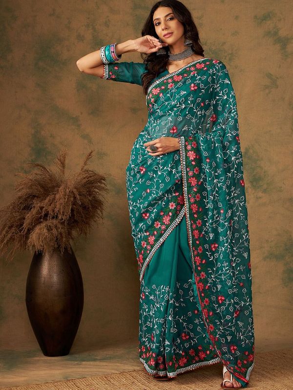 Green Designer Embroidery Work Organza Saree