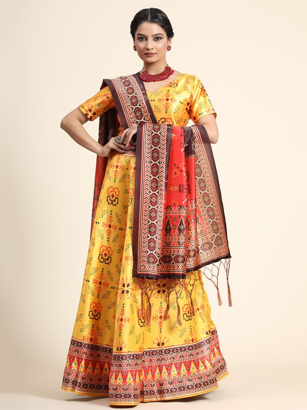 Digital Print Satin Silk Fabric Stitched Lehenga Choli With Jequared Blouse and Assami Silk Thread Work Dupatta For Women and Girls In Festive Party And Traditional Wear