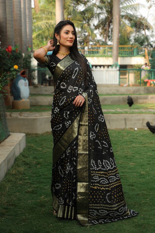 Black Wevon Border Designer & Handmade Bandhej Printed Handloom Silk Saree