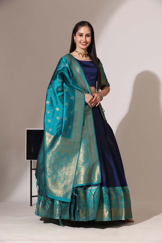 Navy Blue Lichi Silk Jacquard Work Lehenga