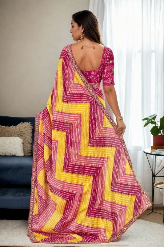Pink Bandhani Digital Printed & Embroidery Work Chinon Saree