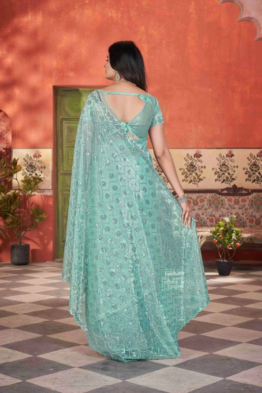 Sea Green Sequance & Thread & Pite Embroidery Work Tissue Net Saree