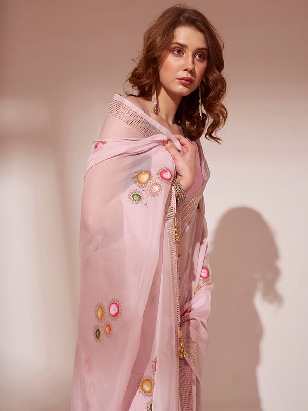 Pink Designer Brush Printed Blooming Organza Saree