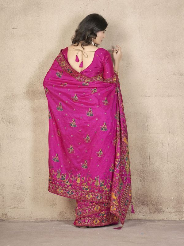 Magenta Wevon Thread & Jari Designer & Hand Work Pashmina Silk Saree