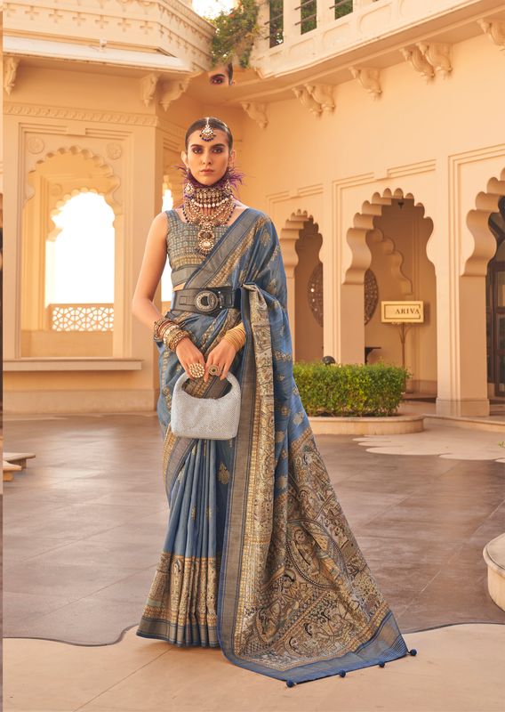 Blue Wevon Border Designer & Printed P V Silk Saree