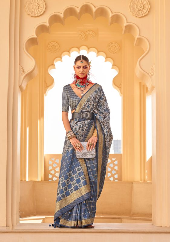 Blue Wevon Border Designer & Printed P V Silk Saree