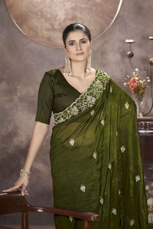 Green Multy Thread & Sequance Embroidery Cut Work Gold Crunchy Saree